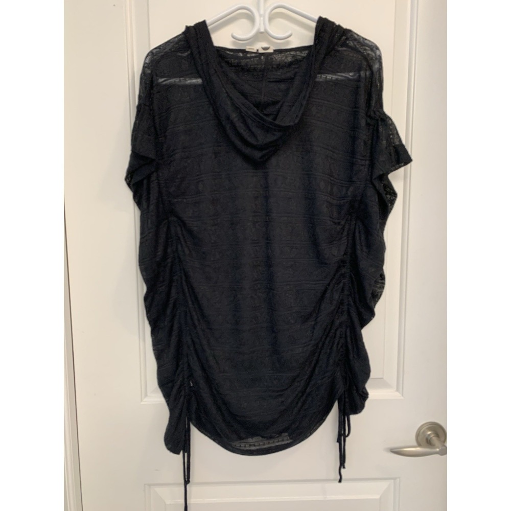 Roxy Open Knit Top Black Lace Coverup M Pointel Knit Ruched Hooded Striped Top - Picture 2 of 5